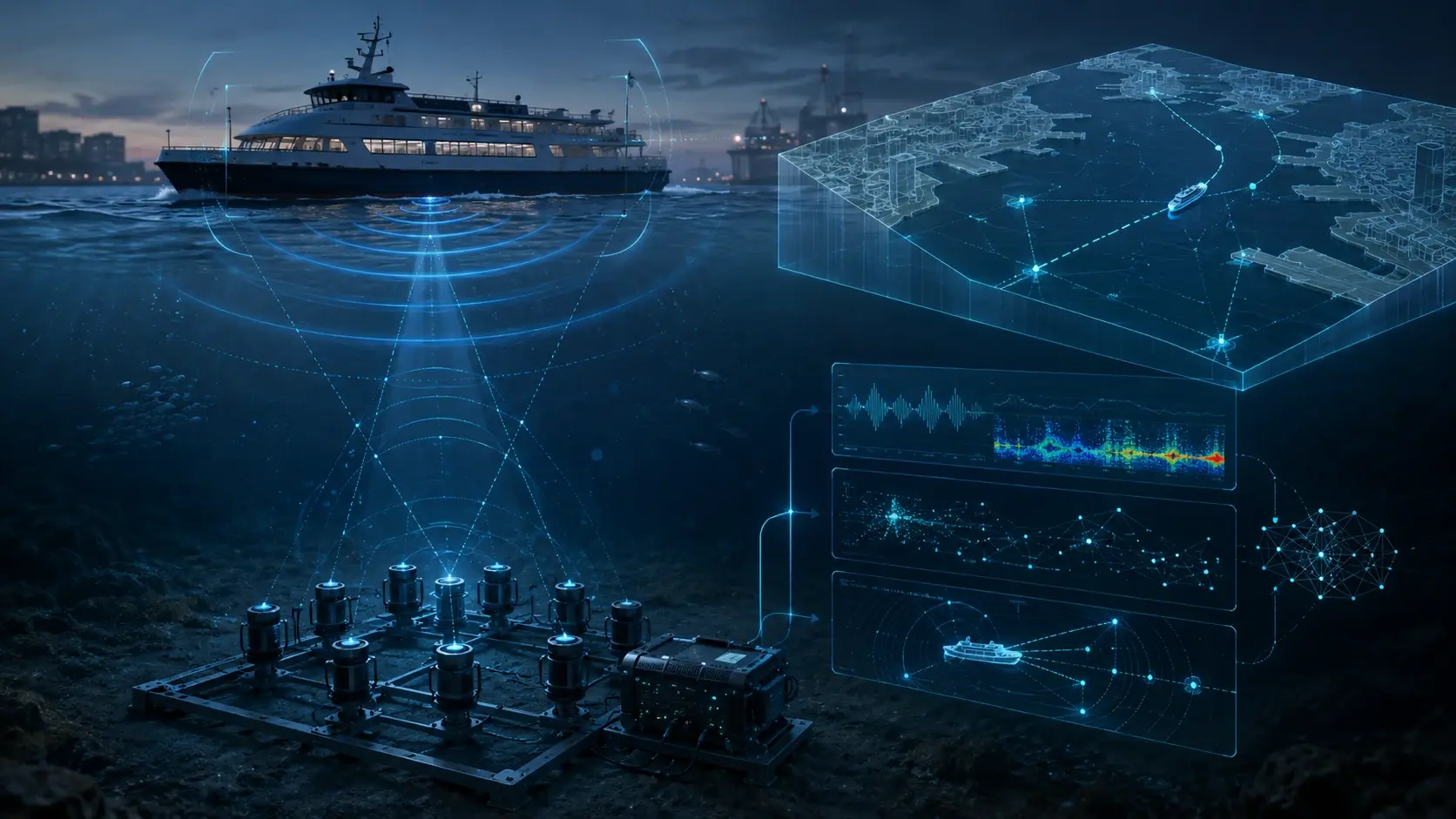 BioDCLT underwater acoustic intelligence digital twin visual showing hydrophones, ferry tracking, signal processing, and AI analysis